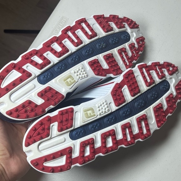 Men’s Worn Once? Footjoy FJ Pro S/L Size 8 Spikeless Golf Shoes White Blue - Picture 13 of 14